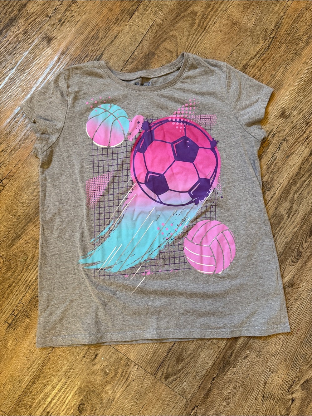 Place Gray Tee with Pink & Teal Sports Ball Graphic